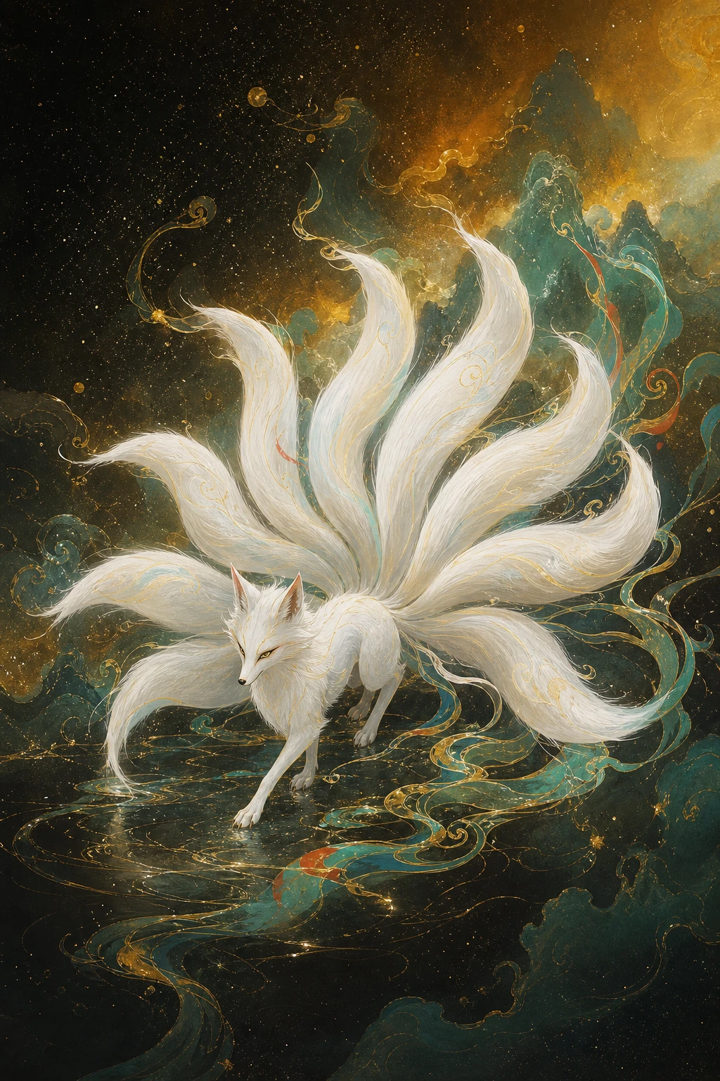 青丘九尾狐，金碧山水间九尾舒展
